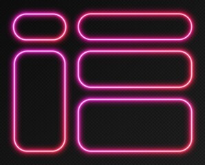 Neon gradient frames set, collection of pink-red glowing rounded rectangle borders isolated on a dark background. Colorful night banners, bright illuminated shapes, retro style vector light effect.