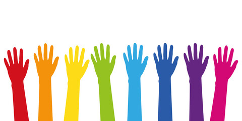 Fototapeta premium colorful raised hands in rainbow colors isolated on white vector illustration EPS10