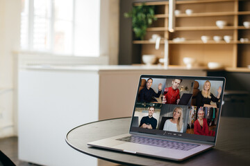 Virtual meeting team teleworking. Family video call remote conference. Laptop webcam screen view. Diverse portrait headshots meet working from their home offices. Happy hour party online woman meet