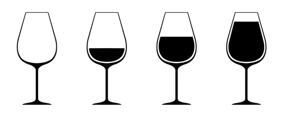 A set of glasses of wine from empty to full. Isolated flat icon symbol. Vector illustration.