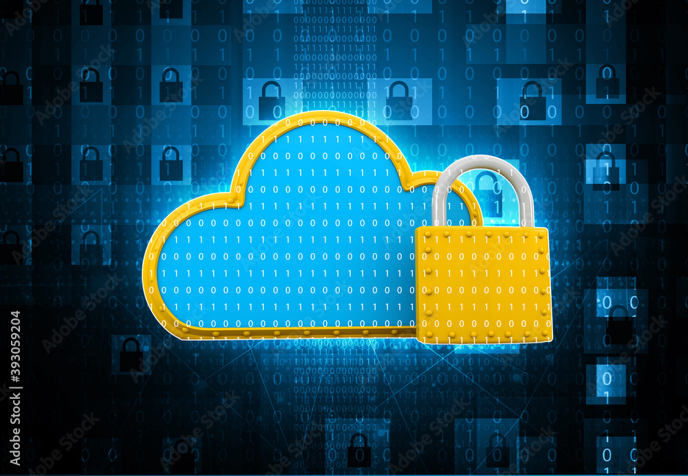 Poster cloud networking with security. cloud computing concept background. 3d illustration
