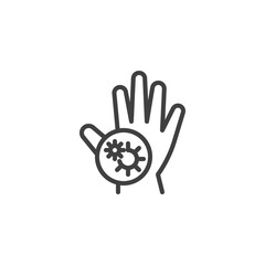 Human hand with virus infection line icon. linear style sign for mobile concept and web design. Stop coronavirus outline vector icon. Symbol, logo illustration. Vector graphics