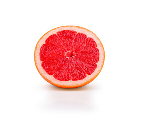 Ripe half of pink grapefruit citrus fruit isolated on white background. full depth of field