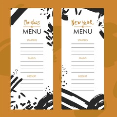 Naklejka premium Christmas and new Year winter menu drawn by hand in a modern Scandinavian abstract style in black and white with gold. Cute vector illustration