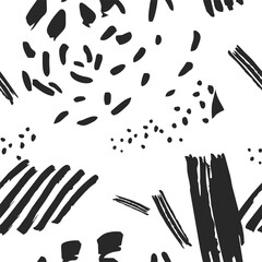 Artistic abstract seamless pattern with pastel colored drops strokes stripes dots on white background. Creative hand drawn vector illustration in modern Scandinavian style for wrapping paper wallpaper