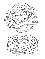 Fettuccine pasta vector illustration - hand drawn - outline black isolated set top view and side view nest noodles on white background