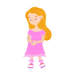 Pregnant blonde european girl. Cute isolated illustration with happy expectant mom. Motherhood. Cartoon vector character in a kind childish style hand drawn. Young caring tender mother in a pink dress