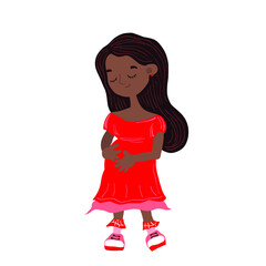 Pregnant African American girl with brown long hair. Cute isolated illustration with happy expectant mother. Motherhood. Cartoon vector character in hand drawn kind childish style. Mom in red dress