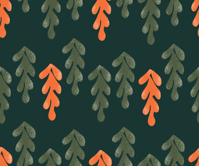 Silhouettes of Christmas trees with snow texture forming a horizontal stipe. Christmas seamless vector pattern. Great for home décor, fabric, wallpaper, gift-wrap, stationery, and packaging projects.