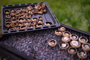 grilled mushrooms stuffed with cheese. a tray full of vegetables