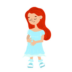Pregnant girl with red long hair. Cute isolated illustration with happy expectant mom. Motherhood. Cartoon vector character in a kind childish style, hand-drawn. Mom in a blue dress.