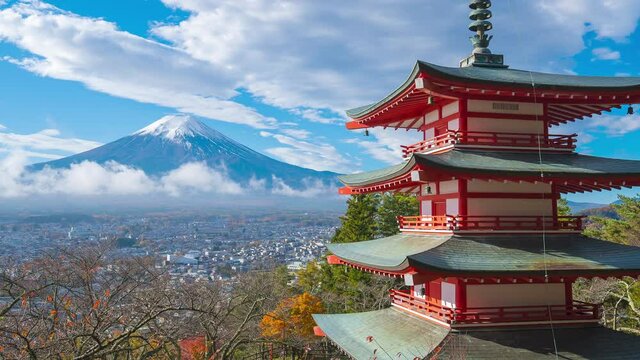 4K Timelapse of Mt. Fuji with Chureito Pagoda in autumn, Fujiyoshida, Japan. panning.