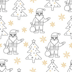 Christmas seamless pattern. Background with Santa Claus, Christmas tree and snowflakes