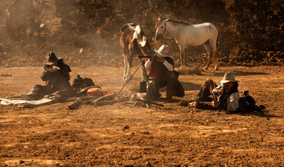 Cowboy life. Shooting pistols in action shooting competition. Battle between cowboys. The story of...