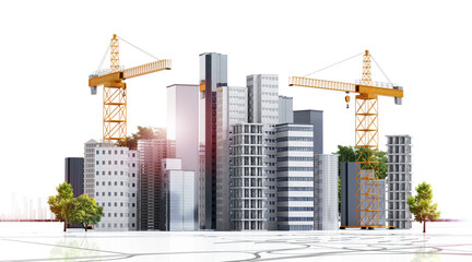 3D render of skyscrapers and building cranes