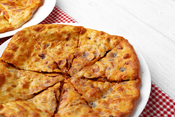 Georgian pie stuffed with lamb meat close up