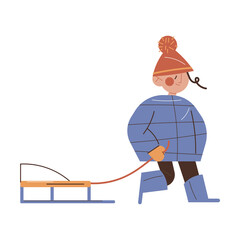 Girl child wearing warm jacket, boots and cap carrying sledding during walk