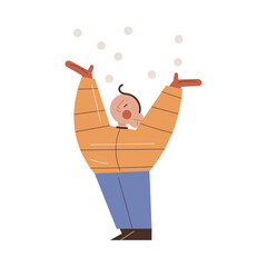 Boy child wearing warm jacket and trousers catching snowflakes during walk