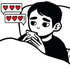 boy lies in his bed and writes a love message to his girlfriend on st. Valentines Day. isolated vector drawing. 