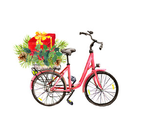 Fototapeta na wymiar Red bicycle with spruce christmas tree branches, mistletoe, red gift box. Christmas, new year watercolor