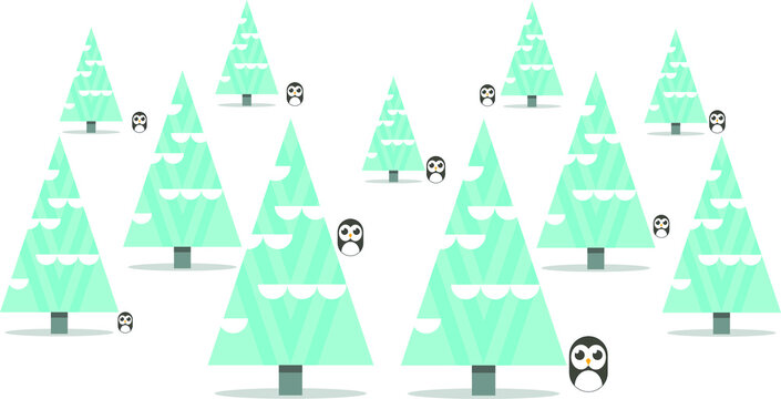 vector illustration of a forest of fir trees with penguins. flat image of a Christmas tree forest covered with snow. penguins near the trees