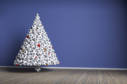 3D render: Soccer christmas - A christmas tree made from soccer balls and with red and golden christmas baubles in a living room. Copy space