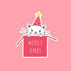 Cute white kitten in a box, Christmas gift, Merry Xmas. Vector illustration.