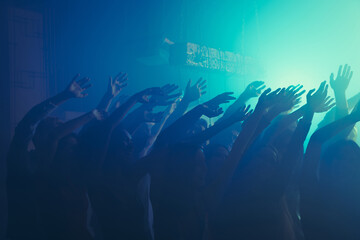 Photo of meeting careless dancing rejoice discotheque raise hands wear stylish outfit modern club...