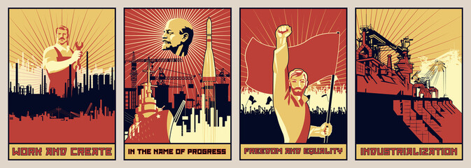 Old Soviet Propaganda Posters Style, Labor, Revolution, Progress - obrazy, fototapety, plakaty