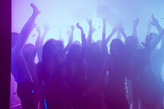 Photo of many girls people meeting have fun dance floor event rejoice wear trendy stylish outfit modern club indoors