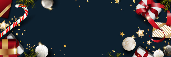 2021 Happy new year background vector. Christmas poster, Greeting cards, Website header and Banner design with sparkling, Luxury gifts box, balloon, gold confetti, snowflake and golden glitter.