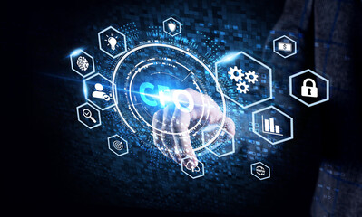 Business, Technology, Internet and network concept. Young businessman working on a virtual screen of the future and sees the inscription: CFO