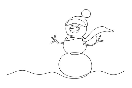 recommend clip art: Cute smiling snowman in continuous line art drawing style. Black line sketch on white background. Vector illustration