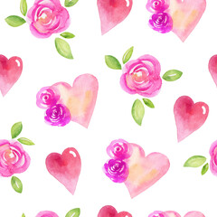 Watercolor Cute Valentine's day seamless pattern with hearts and flowers isolated on white