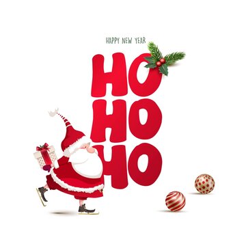 Ho ho ho. Merry Christmas and happy new year greeting card. Christmas wreath design with festive Christmas decoration ornaments and objects. Vector illustration.