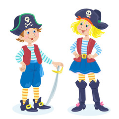 Cute girl and funny boy in pirate costumes. In cartoon style. Isolated on white background. Vector flat illustration.