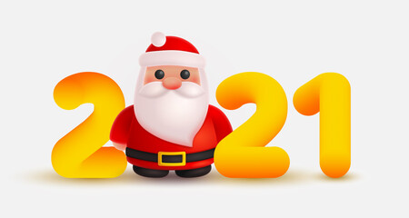 Christmas Santa Claus and gold, yellow numbers 2021 look like 3d rendering. Happy New Year illustration for postcard, banner, decor, design, arts on white background.