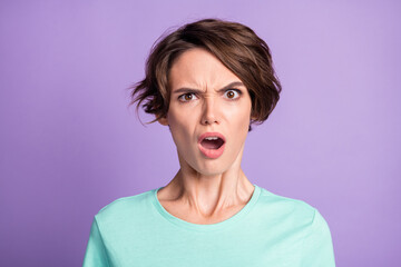 Close up portrait of attractive person open mouth unbelievable wear turquoise isolated on violet color background