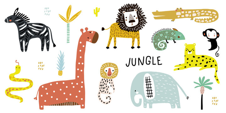 Creative Jungle and african animals in Children's style. Set of adorable elephant, giraffe, lion, zebra, crocodile,monkey, cheetah, snake. Vector illustration.