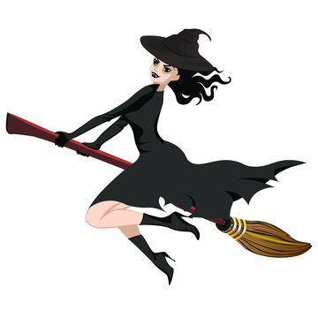 The scary evil witch flies on a magic broomstick. Baba Yaga. Vector illustration