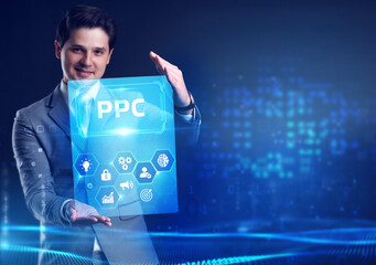 Pay per click payment technology digital marketing internet concept of virtual screen. PPC