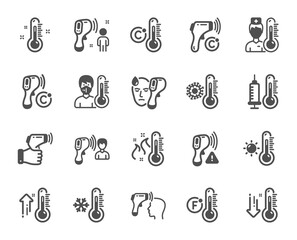Temperature icons. Thermometer, Check body temperature, Fever diagnostic. Coronavirus control, flu check, disease inspect icons. 2019-ncov protective measures, body heat. Vector