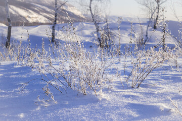 The Tsaryov Kurgan (Tsaryov Hill) in winter. The Middle Volga region, Samara, Russia.  The Sok Mountains can be seen in the far.