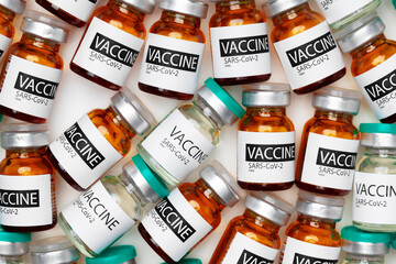 Pile of vials of Sars-cov-2 vaccine close up