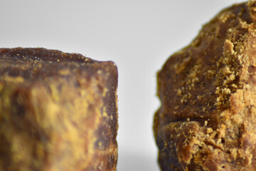 close-up of a block of raw cane sugar