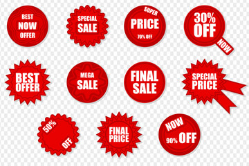 Set of red vector isolated stickers with sale clearance slogans. sales promotion pop-eyed desing discount offer