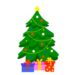 Decorated Christmas tree on an isolated white background. Vector illustration in a flat style.