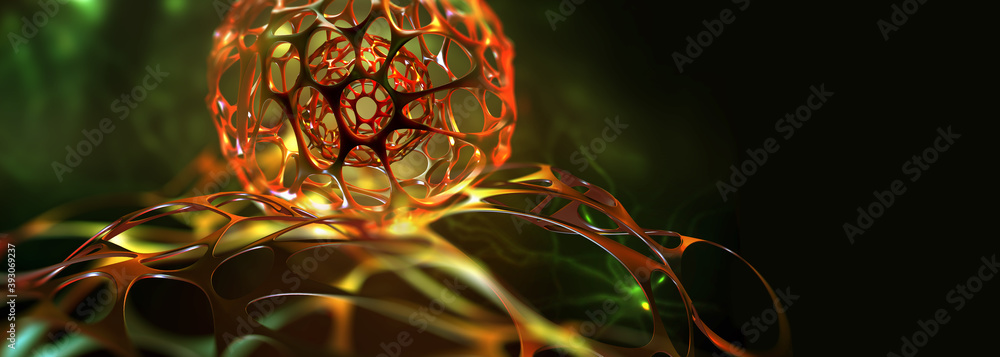 Poster AI concept. Nanotechnological cocoon, futuristic processor in cyber world. High-tech and nanostructure development. 3d illustration of abstract neural networks in global cyberspace