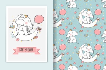 elephant sitting on moon with balloon illustration doodle and seamless pattern background