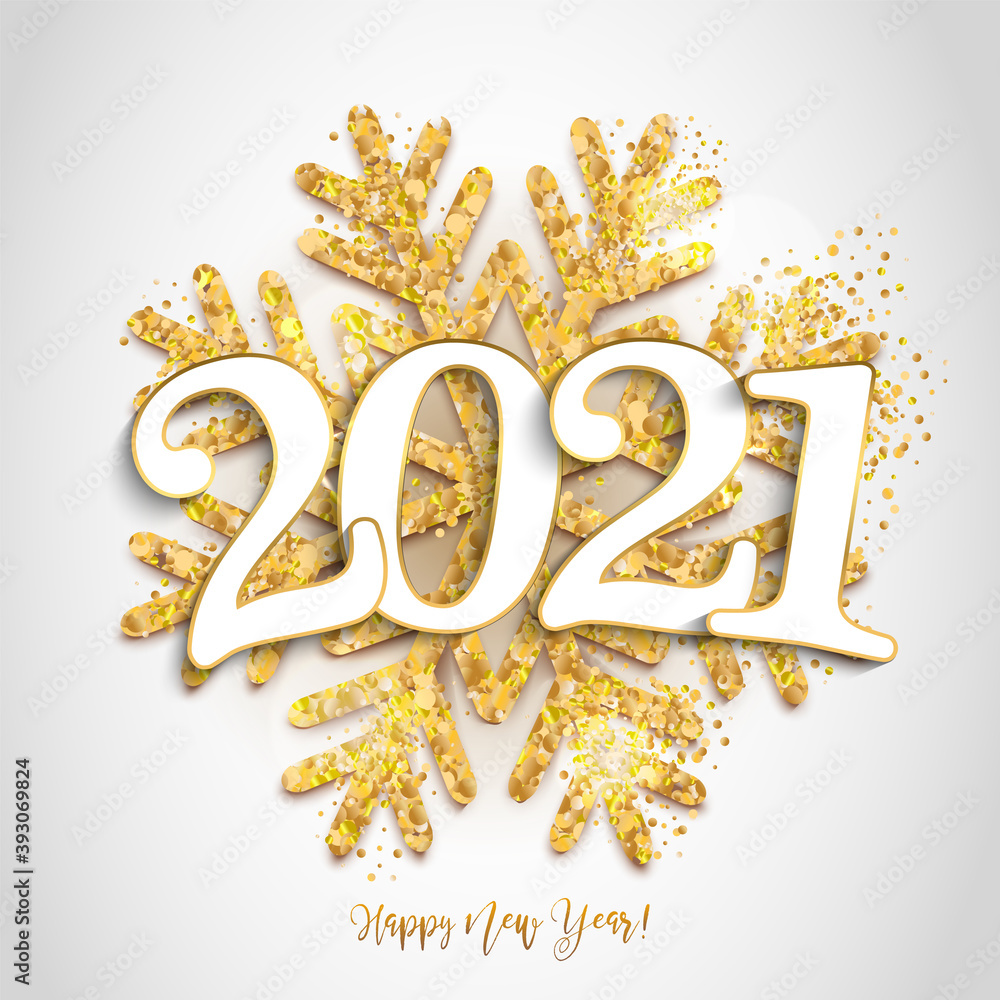 Poster happy new year design white background with 2021 and shining gold snowflake. vector